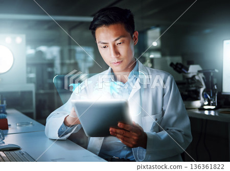 Tablet, hologram and scientist with digital innovation, global data and 3d overlay in laboratory. Asian man, doctor and information technology for futuristic medical research with healthcare study Tablet, hologram and scientist with digital innovation, global data and 3d overlay in laboratory. Asian man, doctor and information technology for futuristic medical research with healthcare study 136361822