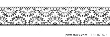 Seamless border of semicircular festoons. Lace vintage seamless border. Boho decor. Black linear ornament on white background. Seamless border of semicircular festoons. Lace vintage seamless border. Boho decor. Black linear ornament on white background. 136361823