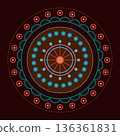 Round brown blue round ornament on dark brown background. Colorful mandala vector illustration. Ethnic geometry round design element for decor textile 136361831