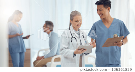 Teamwork, happy or doctors with tablet or checklist in hospital meeting or discussion for collaboration. Leadership, surgeon or nurses talking or speaking of healthcare research, report data or news 136361839