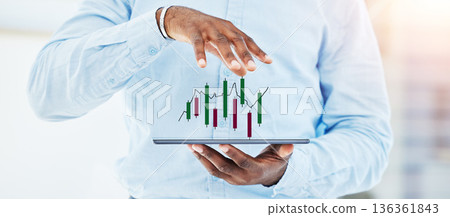 Trading, hologram and tablet with hands of man in office for stock market, finance and growth. Investment, cryptocurrency and data with closeup of employee for digital, technology and profit Trading, hologram and tablet with hands of man in office for stock market, finance and growth. Investment, cryptocurrency and data with closeup of employee for digital, technology and profit 136361843