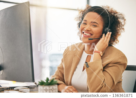 Call center, African woman and portrait of telemarketing agent at computer for customer service, web support or CRM. Happy business consultant at desktop for sales consulting, telecom or contact 136361871