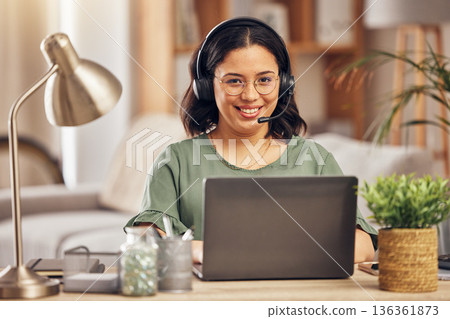 Woman, portrait and smile in home office for call center job, headphones and mic for crm communication with laptop. Customer service, tech support and pc for remote work, help desk and telemarketing 136361873