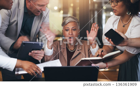 Senior woman, stress and anxiety at night in multitasking, team pressure or burnout at office. Face of tired mature female person or CEO working late in mental heath, overworked or chaos at workplace 136361909
