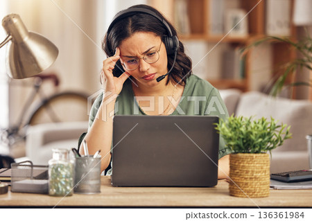 Woman, headache and call center for work from home office with stress, headphones or mic for crm with laptop. Customer care, tech support agent or tired for contact us, help desk or telemarketing job 136361984