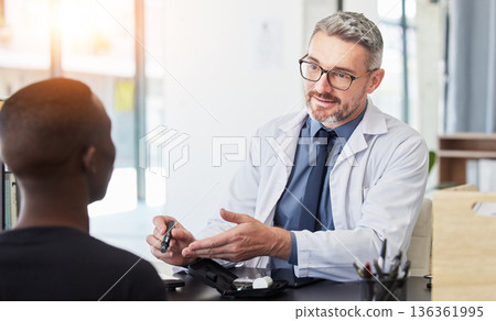 Consulting, doctor and diabetes with man and patient in hospital for advice, glucose exam and blood test. Healthcare, medicine and feedback with people in clinic for discussion, results and wellness 136361995