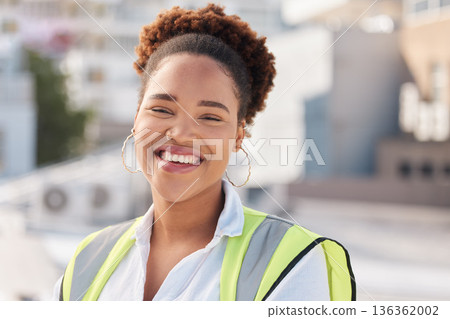 Smile, rooftop and portrait of woman architect happy for city building design at an outdoor urban town development. Contractor, architecture and young engineering professional at a construction 136362002
