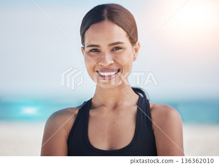 Happy woman, portrait and fitness on beach for workout, cardio exercise or outdoor training on mockup. Face of fit, active or sports female person smile in confidence for healthy body on ocean coast Happy woman, portrait and fitness on beach for workout, cardio exercise or outdoor training on mockup. Face of fit, active or sports female person smile in confidence for healthy body on ocean coast 136362010