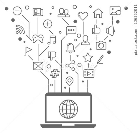 Global communication symbols in laptop. Web internet device icon Global communication symbols in laptop. Web internet device icon 136362011