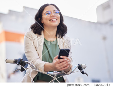 Phone, bicycle and thinking with business woman in city for search, vision and communication. Mobile app, idea and networking with female employee on bike for contact, technology and social media Phone, bicycle and thinking with business woman in city for search, vision and communication. Mobile app, idea and networking with female employee on bike for contact, technology and social media 136362014