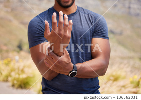Sports runner, hand or wrist pain from fitness training injury or running workout accident outdoor. Healthy person, forearm muscle or closeup of injured male athlete with exercise emergency in nature 136362031