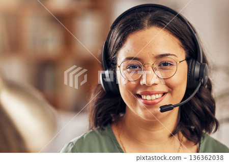 Woman, portrait and call center for work from home office with smile, headphones and mic for crm communication. Customer service, tech support and agent for contact us, help desk or telemarketing job Woman, portrait and call center for work from home office with smile, headphones and mic for crm communication. Customer service, tech support and agent for contact us, help desk or telemarketing job 136362038