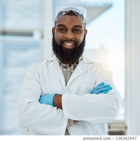 Laboratory, medical science and portrait of a man for research, study and career pride. Happy black male person or scientist with arms crossed for innovation, biotechnology and future development 136362047