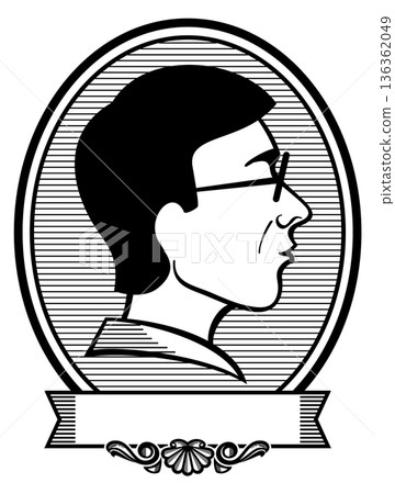 Male head engraving. Man profile in round frame Male head engraving. Man profile in round frame 136362049