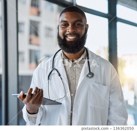Tablet, happy man and portrait of doctor for healthcare services, telehealth analysis or hospital network. African person medical worker with digital technology for planning, clinic research or info Tablet, happy man and portrait of doctor for healthcare services, telehealth analysis or hospital network. African person medical worker with digital technology for planning, clinic research or info 136362050