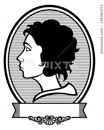 Female portrait in vintage frame. Woman head engraving Female portrait in vintage frame. Woman head engraving 136362051