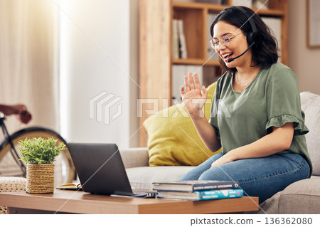 Video call, online education and woman or student on sofa for work from home, e learning and virtual class. Hello, wave and young african person on couch and laptop for webinar teaching or university 136362080