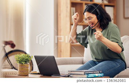 Laptop, winner and woman for e learning, work from home opportunity and student goals, achievement or college news. Yes, success or excited young person reading university information and celebration 136362081