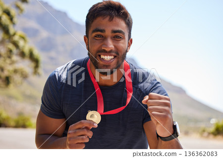 Runner, winner and portrait of happy man with medal on road for fitness goal, winning or running race. Sports champion, success or face of excited athlete with competition victory in cross country 136362083