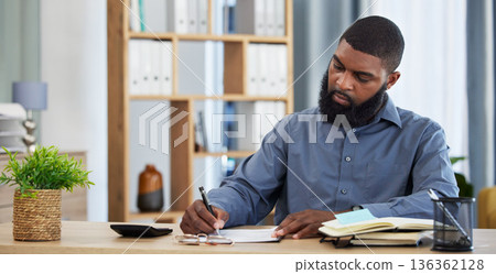 Working, black man and planning finance or budget with documents or writing on paper, checklist or accounting in home. Tax, audit or businessman with remote work in office with financial accountant 136362128