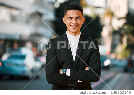 Crossed arms, business and portrait of happy man in city for confident, startup goals and commute. Travel, professional job and face of male entrepreneur in urban town for career, working and success Crossed arms, business and portrait of happy man in city for confident, startup goals and commute. Travel, professional job and face of male entrepreneur in urban town for career, working and success 136362149