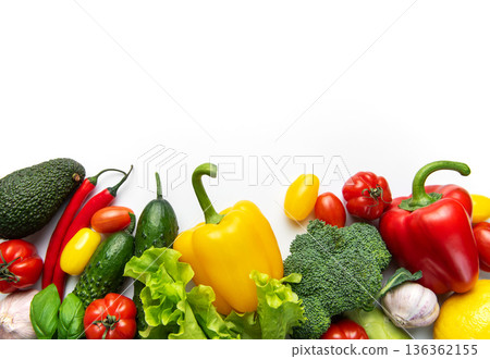 Fresh colorful organic vegetables composing a healthy food border 136362155