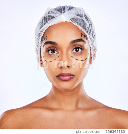Plastic surgery, beauty and cosmetics with portrait of woman in studio for lip filler, skincare and collagen. Spa treatment, medical and dermatology with face of person on white background for facial Plastic surgery, beauty and cosmetics with portrait of woman in studio for lip filler, skincare and collagen. Spa treatment, medical and dermatology with face of person on white background for facial 136362183