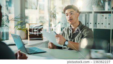 Cv, job interview and business men in office for meeting, recruitment or finance vacancy. Discussion, paperwork and hr manager with candidate for hiring process with resume documents in workplace. 136362227