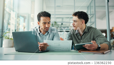 Finance, documents and business men on tablet for budget review, proposal and investment research. Corporate, teamwork and people with digital tech, paperwork and financial report for stock trading 136362230