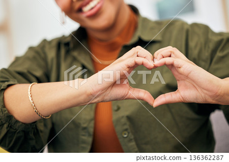 Woman, heart and hands closeup for care, kindness and emoji for charity, peace and wellness. Happy female person with finger shape for self love, thank you and trust of hope, support sign and icon Woman, heart and hands closeup for care, kindness and emoji for charity, peace and wellness. Happy female person with finger shape for self love, thank you and trust of hope, support sign and icon 136362287
