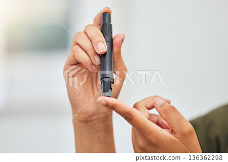 Woman, hands and blood sugar test of diabetes, healthcare analysis or medical glucometer results. Closeup of person poke finger with needle to check insulin risk, monitor glucose or diabetic medicine 136362298