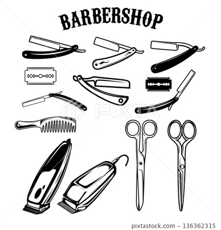 Set of barber tools isolated on white background. Design elements for logo, emblem, sign. Vector illustration 136362315