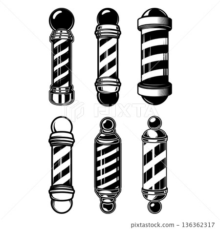 Set of illustrations of barbershop pole. Traditional barbers pole. Design elements for logo, emblem, sign. Vector illustration Set of illustrations of barbershop pole. Traditional barbers pole. Design elements for logo, emblem, sign. Vector illustration 136362317