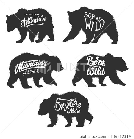 Born wild. Silhouette of grizzly bear with lettering. Design element for poster, card, banner, sign. Vector illustration Born wild. Silhouette of grizzly bear with lettering. Design element for poster, card, banner, sign. Vector illustration 136362319