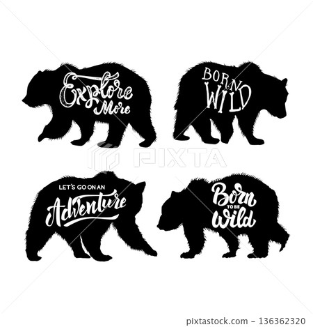 Born wild. Silhouette of grizzly bear with lettering. Design element for poster, card, banner, sign. Vector illustration Born wild. Silhouette of grizzly bear with lettering. Design element for poster, card, banner, sign. Vector illustration 136362320