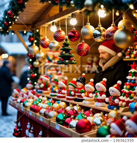 The Christmas fair offers a variety of toys and decorations on display. Visitors explore festive stalls filled with colorful ornaments and holiday spirit during the winter season Generative AI 136362350