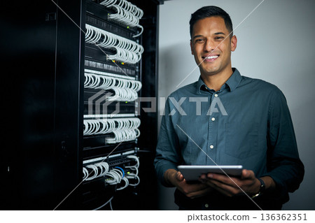 Engineer man, tablet and portrait in server room with smile, coding and check for analysis, night or programming. Information technology expert, touchscreen and happy for cybersecurity with database Engineer man, tablet and portrait in server room with smile, coding and check for analysis, night or programming. Information technology expert, touchscreen and happy for cybersecurity with database 136362351
