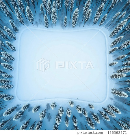 Snow covers the ground, surrounded by tall pine trees. An open space in the center suggests a location for skating or playing in the winter. The scene captures a cold day Generative AI 136362371