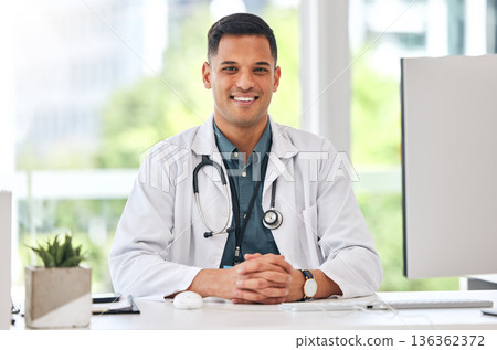 Happy, portrait of man and doctor at table in hospital for healthcare, insurance or wellness. Face, medical professional and confident surgeon at desk, expert smile and employee from Brazil in clinic Happy, portrait of man and doctor at table in hospital for healthcare, insurance or wellness. Face, medical professional and confident surgeon at desk, expert smile and employee from Brazil in clinic 136362372