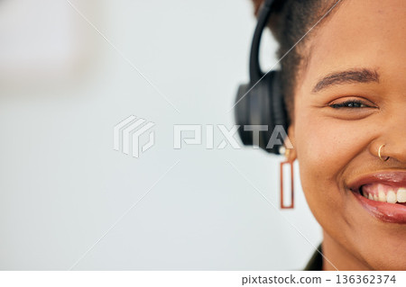 Mockup, portrait and face of a woman with headphones for music, advertising podcast or streaming radio. Happy, space and half face of a girl with a smile while listening or streaming sound or audio Mockup, portrait and face of a woman with headphones for music, advertising podcast or streaming radio. Happy, space and half face of a girl with a smile while listening or streaming sound or audio 136362374