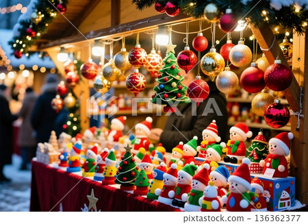 A Christmas fair takes place with a stall filled with various toys and decorations. People browse the items, enjoying the festive atmosphere and holiday spirit Generative AI 136362377