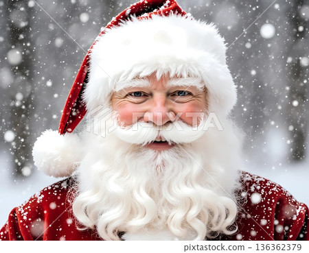 Santa Claus is smiling warmly as snow falls around him in a winter setting. He wears a red suit and hat, surrounded by a snowy backdrop during the holiday season Generative AI 136362379