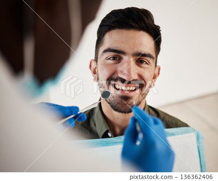 Portrait, man and hands of dentist with tools for dental, healthcare or check in clinic. Face smile, orthodontics and patient with doctor, mirror and excavator for teeth cleaning and medical hygiene 136362406