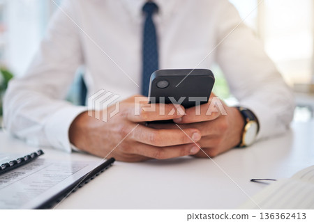 Phone, search and hands of business man in office for social media, website and communication. Corporate, professional and networking with closeup of employee for digital, technology and internet Phone, search and hands of business man in office for social media, website and communication. Corporate, professional and networking with closeup of employee for digital, technology and internet 136362413