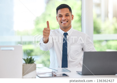 Happy businessman, portrait and thumbs up for success, good job or agreement by office desk. Man, accountant or employee smile with OK emoji, yes sign or like for business approval at the workplace Happy businessman, portrait and thumbs up for success, good job or agreement by office desk. Man, accountant or employee smile with OK emoji, yes sign or like for business approval at the workplace 136362427