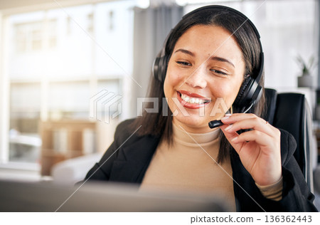 Happy woman, call center and headphones for customer service, telemarketing or support at the office. Face of friendly female person, consultant or agent smile for online advice or help at workplace Happy woman, call center and headphones for customer service, telemarketing or support at the office. Face of friendly female person, consultant or agent smile for online advice or help at workplace 136362443