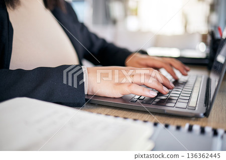 Hands, typing and laptop in office with notebook, planning or post schedule for blog content creator. Copywriting woman, website manager and computer with keyboard, ideas or social media in workplace Hands, typing and laptop in office with notebook, planning or post schedule for blog content creator. Copywriting woman, website manager and computer with keyboard, ideas or social media in workplace 136362445