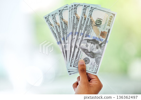 Cash in hand, dollars and money fan with finance, reward and prize with giveaway bonus and financial freedom. Bills, notes and person with wealth, payment and lotto with cashback and mockup space 136362497