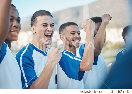 Soccer player, victory or excited team in celebration for goal or success on a field in sports game together. Winners, teamwork or happy football players winning a tournament match achievement prize 136362528