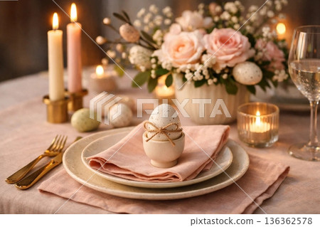 Elegant Easter Table Setting with Festive Decor and Seasonal Details Elegant Easter Table Setting with Festive Decor and Seasonal Details 136362578